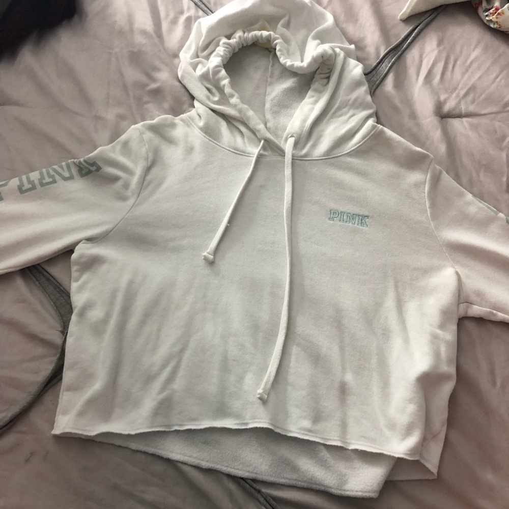 cropped white hoodie with teal lettering